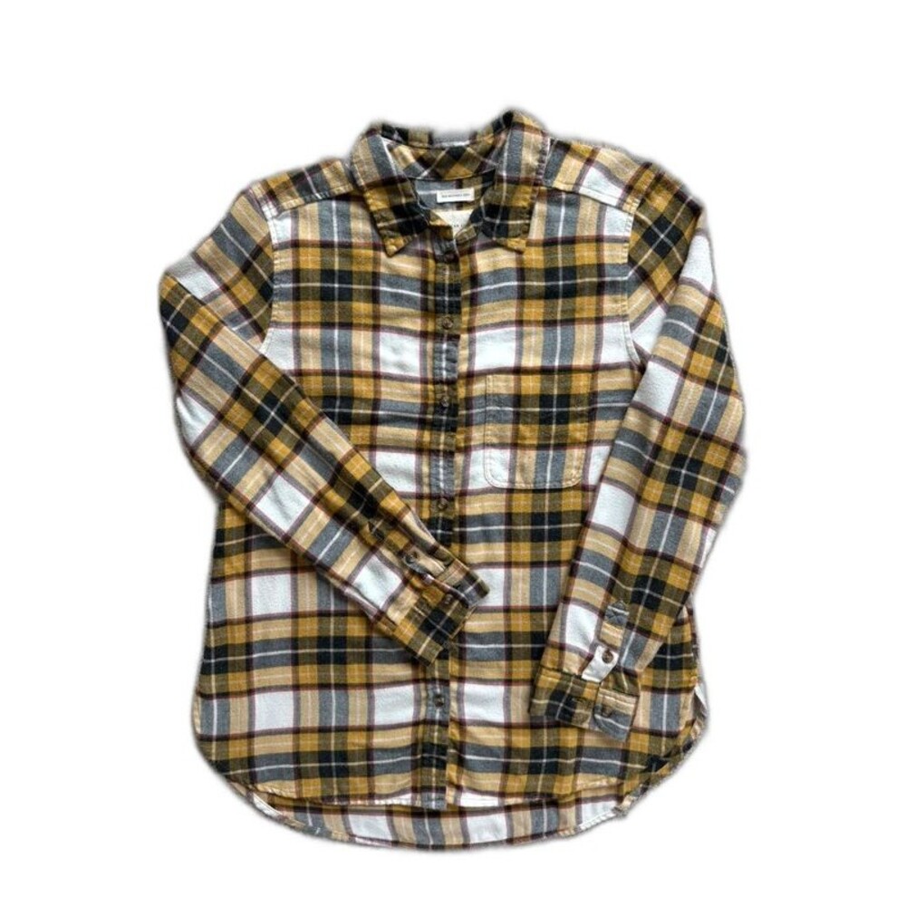 American Eagle Plaid Flannel Shirt Womens Medium Yellow Black Boyfriend Fit